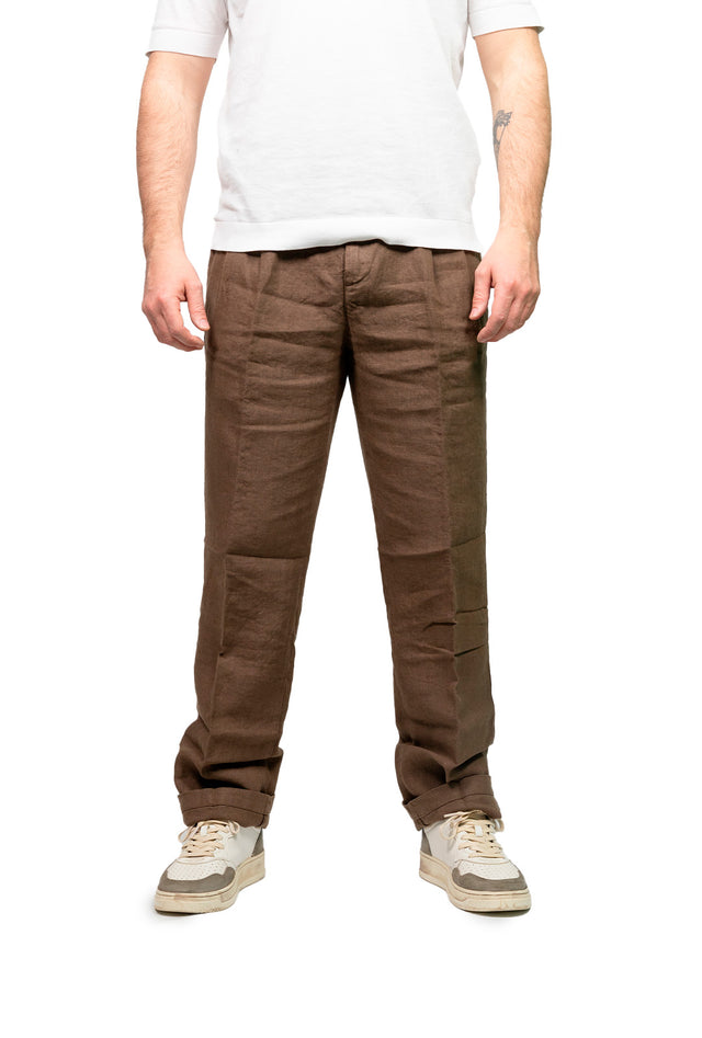 Pantalone doppia pence 20 lino tabacco