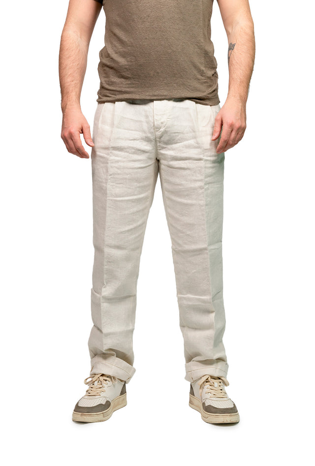 Pantalone doppia pence 20 lino latte