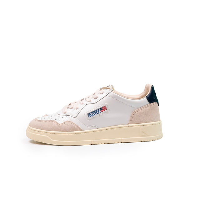 Sneakers medalist low in pelle bianca e blu e suede beige