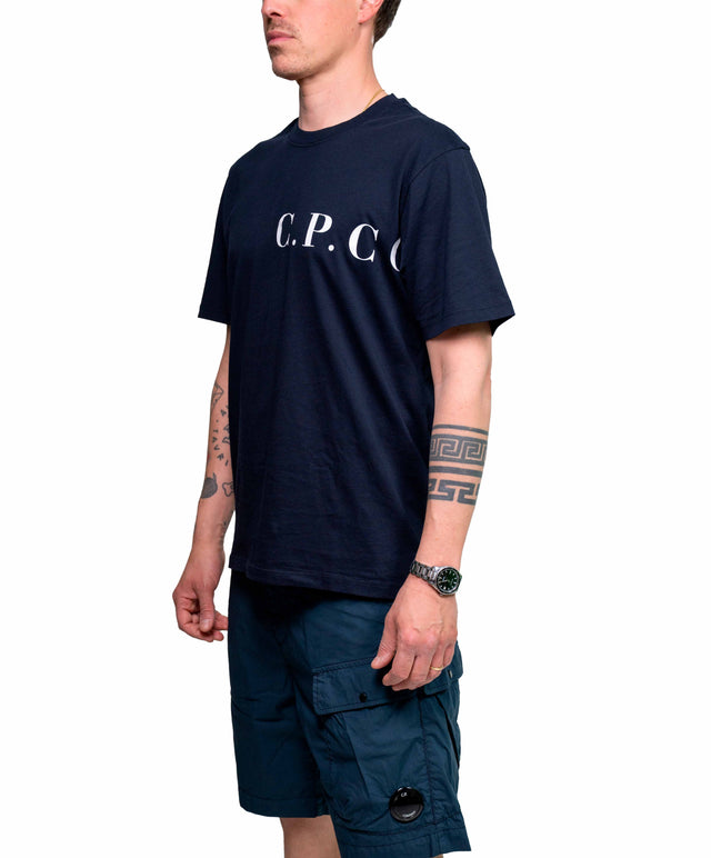 C.P COMPANY - t-shirt blu con scritta laterale bianca
