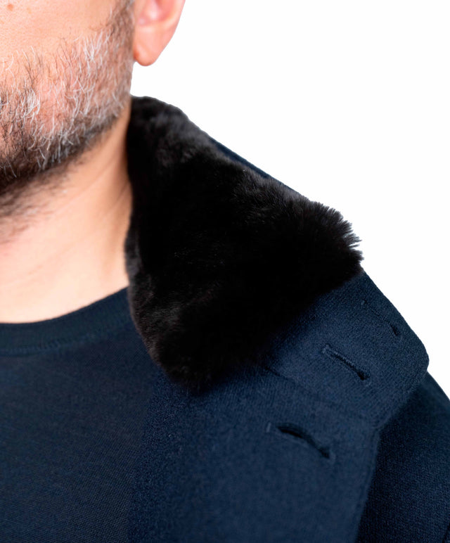 Montecore - Cappotto tre quarti cashmere, collo in pelliccia - colore blu