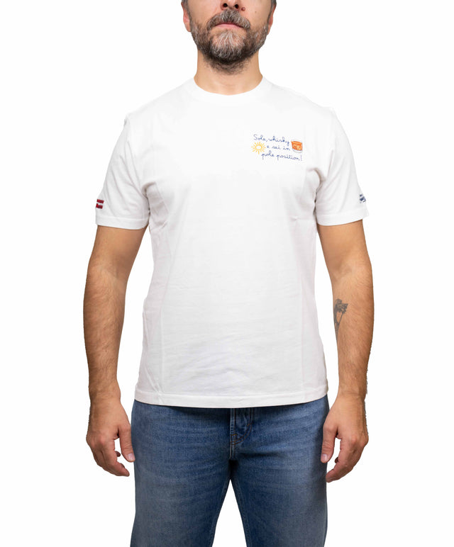 Saint Barth t-shirt “Sole, whisky e sei in pole position”, bianca