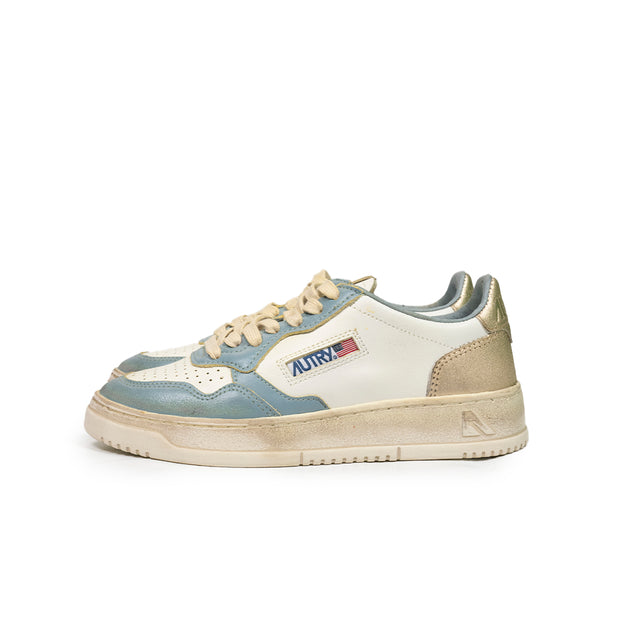 Sneaker Autry  - Super vintage low in pelle color bianco, azzurre e oro metallizzato