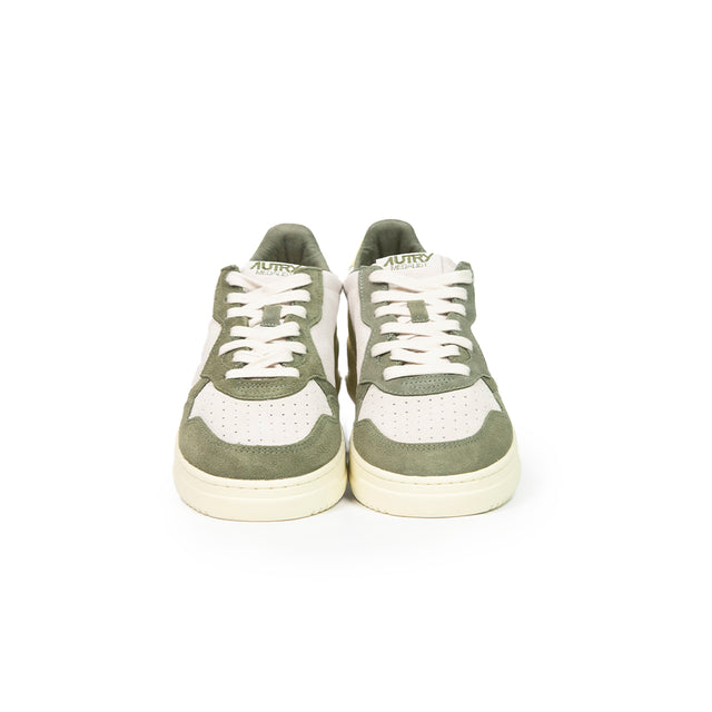 Sneaker Autry - Medalist low man tic suede bianco, verde militare e giallo fluo